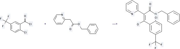 Benzoyl chloride,2-chloro-5-(trifluoromethyl)-  is used to produce Phenylmethyl 3-(2-chloro-5-(trifluoromethyl)phenyl)-3-oxo-2-(2'-pyridyl)propanoate. 